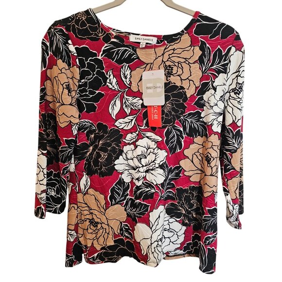 Emily Daniels Red Black Tan Floral Flowers Shirt Stretch Blouse NWT Size S - Picture 1 of 12